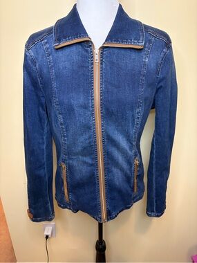 Frank Lyman Design Blue Denim Zip Jacket with Tan Trim